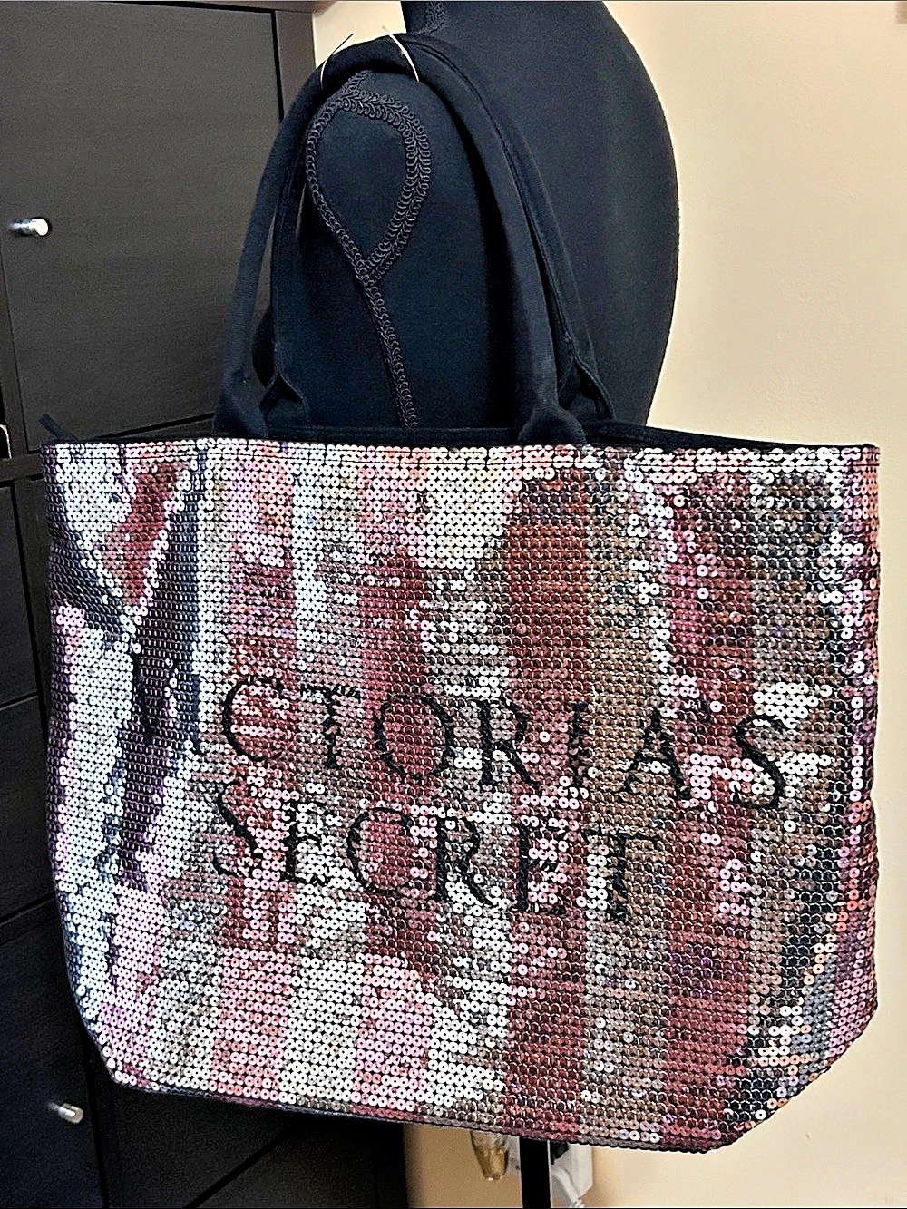 Victoria's Secret Sequin Stripe Tote Bag Black & Pink EUC